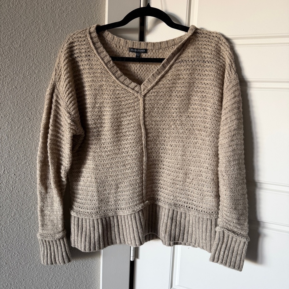 Eileen Fisher Vneck Yak Wool Open Knit Sweater Neutral Tan size Medium - Picture 6 of 9